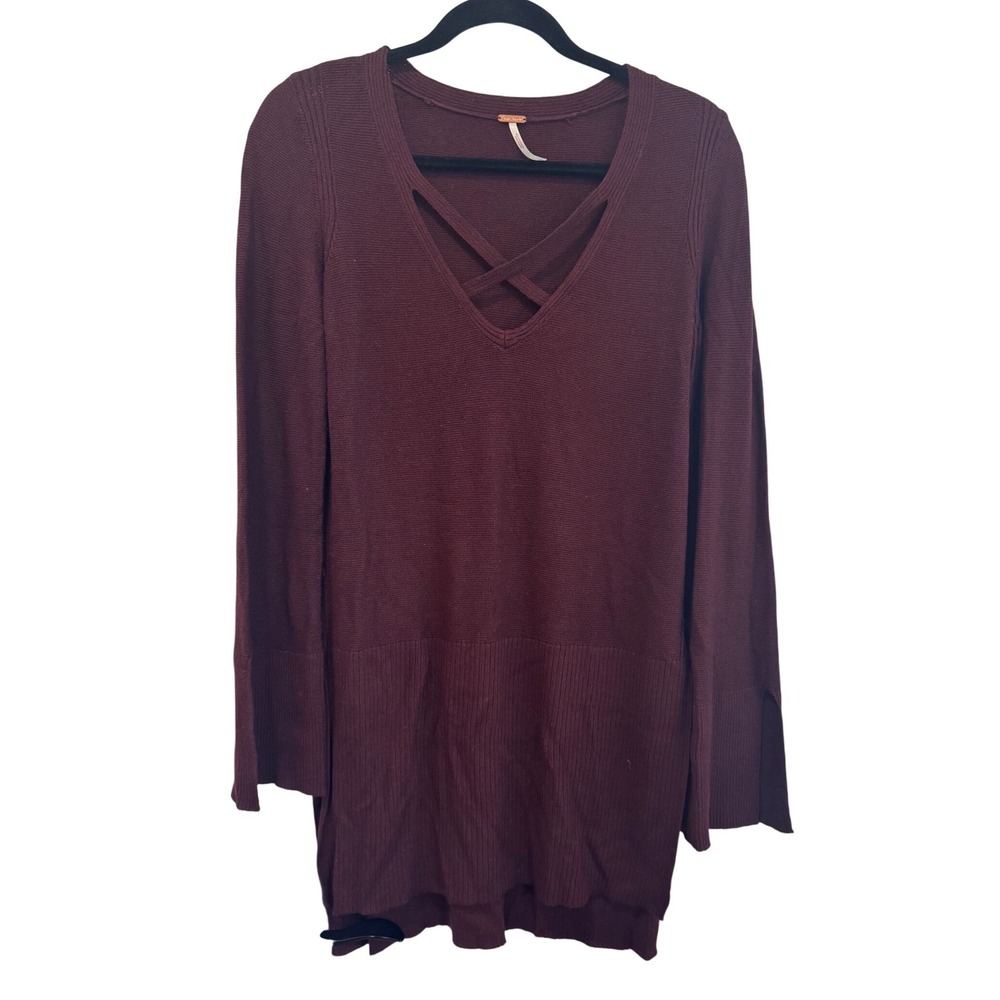 Free People Burgundy Criss Cross V-Neck Tunic Sweater Split Bell Sleeve Womens S